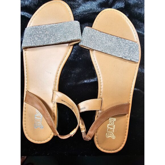 Brash Rhinestone Band Sandal Flats - Tan and Silver - SZ 12 - Picture 1 of 5
